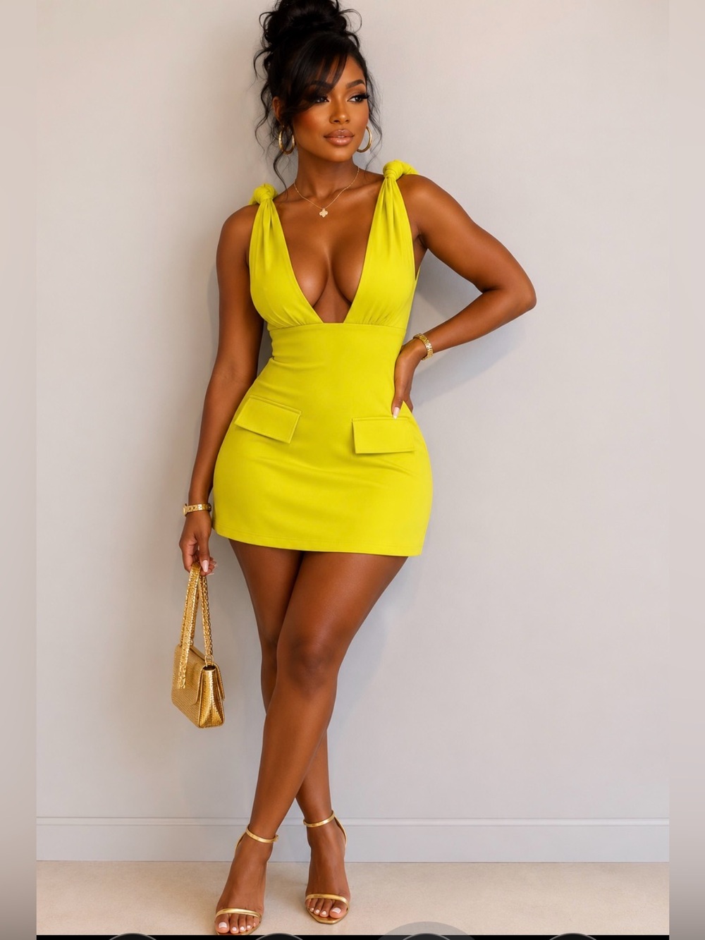 Fashion Nova Bright Lime Knot-Shoulder Mini Dress
